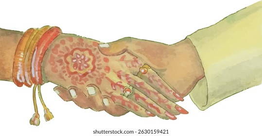 Casamento indiano alegre - Noiva e noivo de mãos dadas na cerimônia hindu tradicional