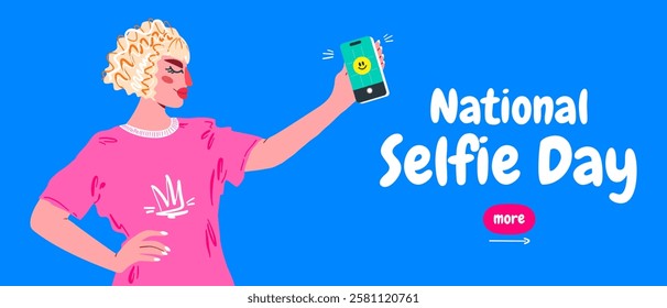 Joyful individual poses for a selfie on National Selfie Day, showcasing colorful surroundings and a playful expression, capturing the essence of celebration and fun during a holiday.