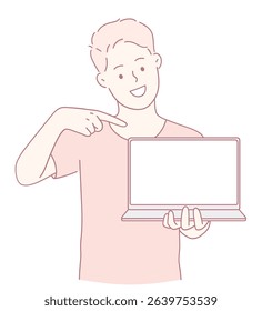 A joyful individual proudly showcasing a laptop that is perfect for themes related to technology and digital marketing