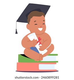 Joyful Infant In A Graduation Cap, Gleefully Clutches A Diploma While Seated Atop A Stack Of Colorful Books, Encapsulating Early Achievement And The Delight Of Learning In Youth. Vector Illustration