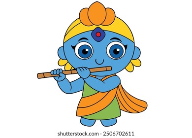 A joyful Janmashmati scene with a young Krishna playing the flute, surrounded by dancing devotees, vibrant colors, and festive decorations. His divine melody fills the air with love and happiness.