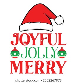 Joyful Jolly Merry For Christmas Festive With Red And White Striped Border, Christmas Trees, Holly berries Leaves, Ribbon and Snow