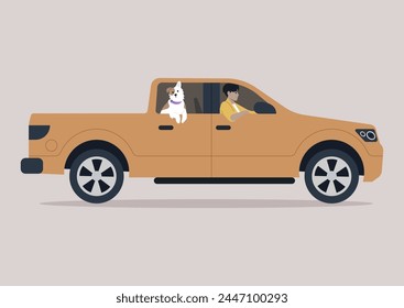 Joyful Journey, dog owner and their Spotted puppy in a Sunny Afternoon Drive, A smiling person drives a pickup truck with their cheerful canine companion by their side