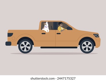 Joyful Journey, dog owner and their Spotted puppy in a Sunny Afternoon Drive, A smiling person drives a pickup truck with their cheerful canine companion by their side