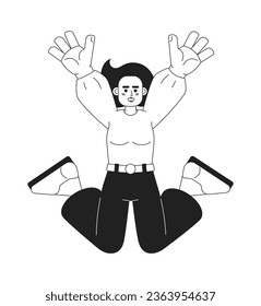 Joyful jump monochromatic flat vector character. Sincere smile. Asian girl raising hands up. Editable thin line full body person on white. Simple bw cartoon spot image for web graphic design