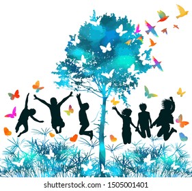 Joyful jumping children in nature. Vector illustration