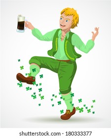Joyful jumping leprechaun. with beer and shamrocks