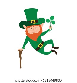 Joyful jumping leprechaun with clover in his hand.  Illustration for Saint Patrick Day.