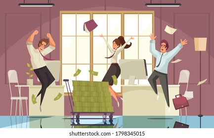 Joyful jumping people background with success at work symbols flat vector illustration