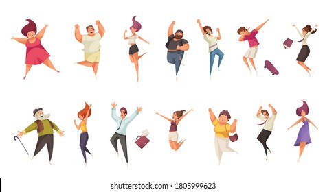 Joyful jumping people set with success symbols flat isolated vector illustration