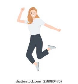 Joyful Jumping Woman. Radiating happiness, excitement, and positive energy. Flat vector illustration isolated on white background