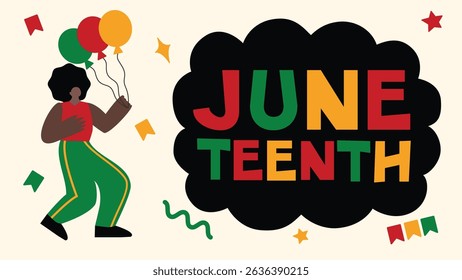Joyful Juneteenth celebratory vector art illustration. Features a Black figure dancing with balloons, dynamic typography, and festive accents