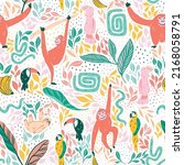 Joyful jungle vector pattern repeat. Tropical birds, orangutan and sloth monkeys with snakes and lots of greenery. Great for kids and fun home decor. Colorful surface pattern design.