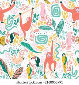 Joyful jungle vector pattern repeat. Tropical birds, orangutan and sloth monkeys with snakes and lots of greenery. Great for kids and fun home decor. Colorful surface pattern design.