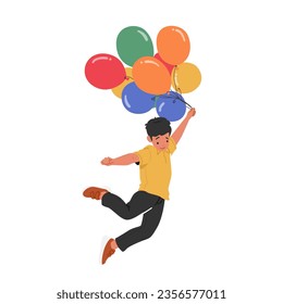 Joyful Kid Boy Character Soars Through The Sky, Held Aloft By Vibrant Balloons. His Laughter Fills The Air As He Embark On An Enchanting And Whimsical Adventure. Cartoon People Vector Illustration