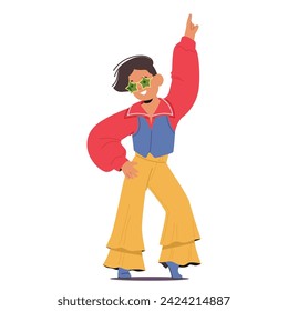 Joyful Kid Character Grooves To Funky Beats In A Retro Disco, Mirroring Disco-era Moves With Infectious Enthusiasm. Classic Tunes and Bell-bottom Create Vibrant, Nostalgic Dance. Vector Illustration