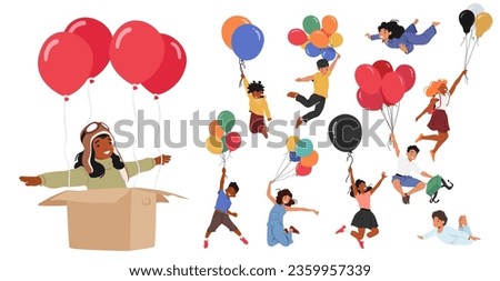 Joyful Kid Characters Soaring On Colorful Balloons, Giggling In The Sky. Their Faces Light Up As They Float Above, Creating Unforgettable Memories Amidst The Clouds. Cartoon People Vector Illustration