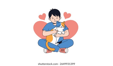 Joyful criança abraçando um gato fofo fofo fofo com corações mostrando carinho e companhia
