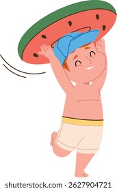 A joyful kid playfully holds a large watermelon-shaped inflatable ring above his head.  A smiling boy in swimwear enjoys a summer day with a fruity beach toy. Cartoon vector illustration