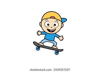 A joyful kid riding a skateboard, captured in a vibrant vector art illustration, perfect for lively designs emphasizing energy, youth, and adventure in a fun urban style.