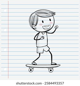 Joyful kid riding skateboard on lined paper