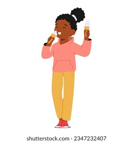 Joyful Kid Savoring Ice Cream, Face Smeared With Delight, Cherishing Every Lick, Eyes Twinkling With Happiness. Little African American Girl Character Eat Dessert. Cartoon People Vector Illustration