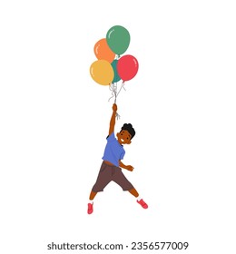 Joyful Kid Soars Through The Sky, Held Aloft By A Cluster Of Vibrant Balloons. Little Black Boy Character Embark On A Whimsical Adventure Among The Clouds. Cartoon People Vector Illustration