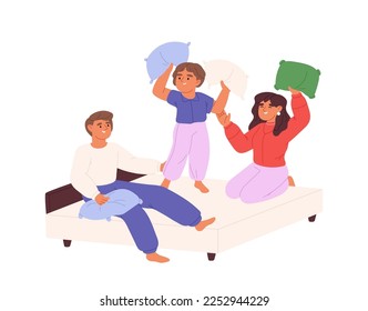 Joyful kid spend time together fighting pillows. Active children toddler and teenagers sit on bed have funny pillow fight together. Cartoon flat vector illustration