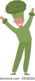 Joyful Kid In Vibrant Vegetable Costume.flat vector illustration.broccoli