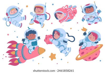 Niños alegres con equipo de astronauta explorando el espacio. Conjunto de Ilustración vectorial con niños con cohetes y planetas, flotando en gravedad cero