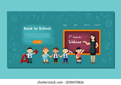 Joyful kids back to school landing page. Cheerful students return to school in new academic year meeting with friends and teachers learning interesting subjects knowledge. Vector cartoon training.