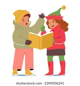 Joyosos personajes de niños y niñas con atuendo cálido cantan villancicos de Navidad, sus voces armonizando alegremente, difundiendo alegría festiva aislada de fondo blanco. Ilustración de vectores de personas de caricatura