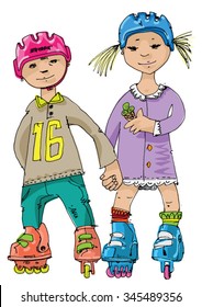 Joyful kids (boy & girl) are rollerblading outdoors. Cartoon
