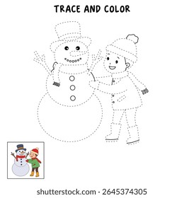 Joyful crianças construindo boneco de neve colorir página. Trace and color Crianças construindo boneco de neve. Planilhas divertidas de atividade de inverno com boneco de neve coloração páginas imprimíveis para as crianças atividade de férias de inverno.