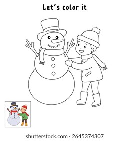 Joyful crianças construindo boneco de neve colorir página. Trace and color Crianças construindo boneco de neve. Planilhas divertidas de atividade de inverno com boneco de neve coloração páginas imprimíveis para as crianças atividade de férias de inverno.