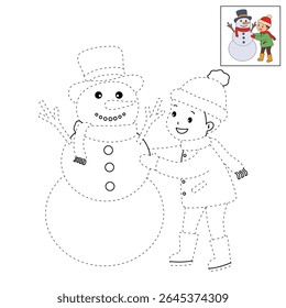Joyful crianças construindo boneco de neve colorir página. Trace and color Crianças construindo boneco de neve. Planilhas divertidas de atividade de inverno com boneco de neve coloração páginas imprimíveis para as crianças atividade de férias de inverno.