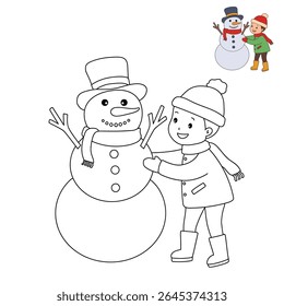 Joyful kids building Snowman Coloring Page. Trace and color Children building Snowman. Fun Winter activity worksheets with snowman coloring pages printable for kids winter holiday activity.