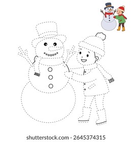 Joyful crianças construindo boneco de neve colorir página. Trace and color Crianças construindo boneco de neve. Planilhas divertidas de atividade de inverno com boneco de neve coloração páginas imprimíveis para as crianças atividade de férias de inverno.
