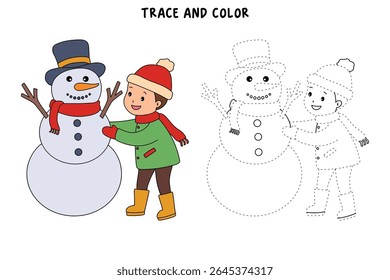 Joyful crianças construindo boneco de neve colorir página. Trace and color Crianças construindo boneco de neve. Planilhas divertidas de atividade de inverno com boneco de neve coloração páginas imprimíveis para as crianças atividade de férias de inverno.