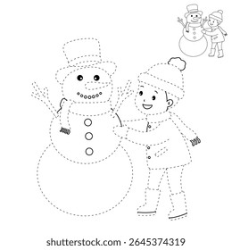 Joyful crianças construindo boneco de neve colorir página. Trace and color Crianças construindo boneco de neve. Planilhas divertidas de atividade de inverno com boneco de neve coloração páginas imprimíveis para as crianças atividade de férias de inverno.