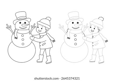 Joyful crianças construindo boneco de neve colorir página. Trace and color Crianças construindo boneco de neve. Planilhas divertidas de atividade de inverno com boneco de neve coloração páginas imprimíveis para as crianças atividade de férias de inverno.