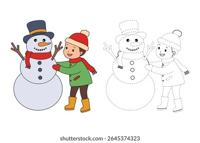 Joyful crianças construindo boneco de neve colorir página. Trace and color Crianças construindo boneco de neve. Planilhas divertidas de atividade de inverno com boneco de neve coloração páginas imprimíveis para as crianças atividade de férias de inverno.