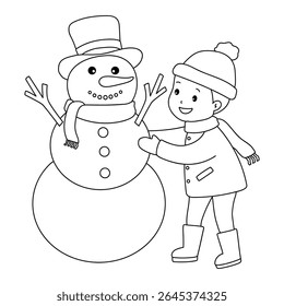Joyful crianças construindo boneco de neve colorir página. Trace and color Crianças construindo boneco de neve. Planilhas divertidas de atividade de inverno com boneco de neve coloração páginas imprimíveis para as crianças atividade de férias de inverno.