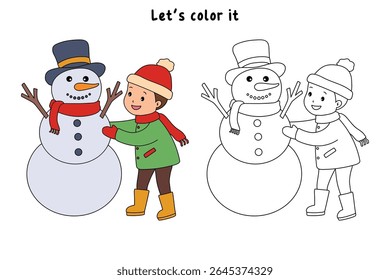 Joyful crianças construindo boneco de neve colorir página. Trace and color Crianças construindo boneco de neve. Planilhas divertidas de atividade de inverno com boneco de neve coloração páginas imprimíveis para as crianças atividade de férias de inverno.