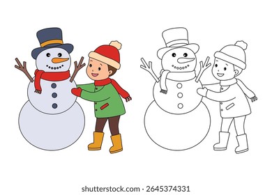 Joyful crianças construindo boneco de neve colorir página. Trace and color Crianças construindo boneco de neve. Planilhas divertidas de atividade de inverno com boneco de neve coloração páginas imprimíveis para as crianças atividade de férias de inverno.