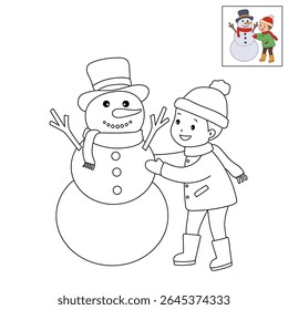 Joyful crianças construindo boneco de neve colorir página. Trace and color Crianças construindo boneco de neve. Planilhas divertidas de atividade de inverno com boneco de neve coloração páginas imprimíveis para as crianças atividade de férias de inverno.