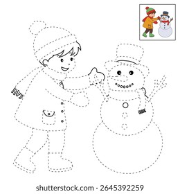 Joyful crianças construindo boneco de neve colorir página. Trace and color Crianças construindo boneco de neve. Planilhas divertidas de atividade de inverno com boneco de neve coloração páginas imprimíveis para as crianças atividade de férias de inverno.
