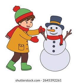 Joyful crianças construindo boneco de neve colorir página. Trace and color Crianças construindo boneco de neve. Planilhas divertidas de atividade de inverno com boneco de neve coloração páginas imprimíveis para as crianças atividade de férias de inverno.