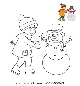 Joyful kids building Snowman Coloring Page. Trace and color Children building Snowman. Fun Winter activity worksheets with snowman coloring pages printable for kids winter holiday activity.