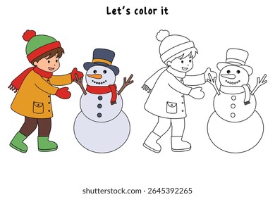 Joyful crianças construindo boneco de neve colorir página. Trace and color Crianças construindo boneco de neve. Planilhas divertidas de atividade de inverno com boneco de neve coloração páginas imprimíveis para as crianças atividade de férias de inverno.